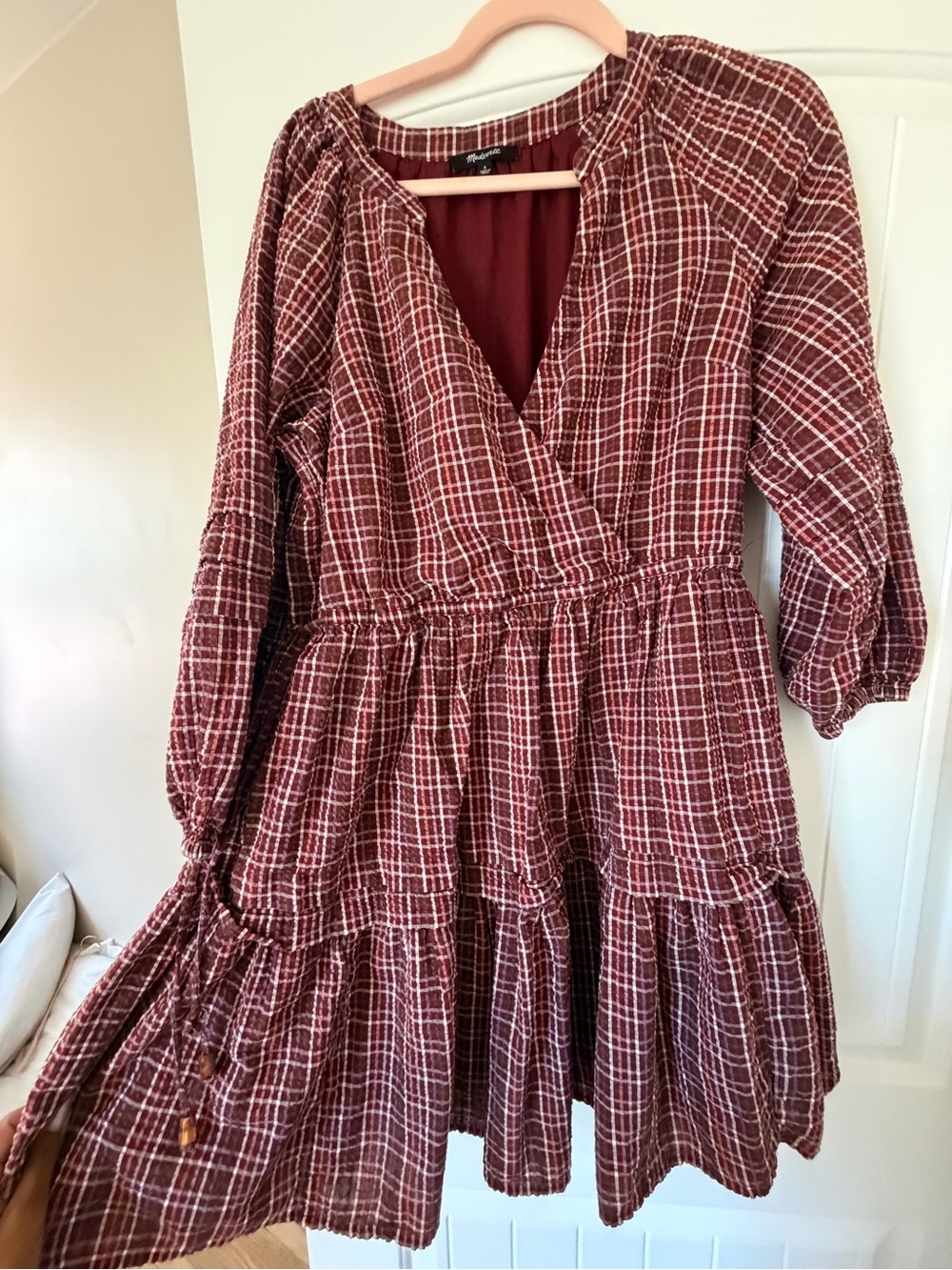 Madewell Burgundy Plaid Tiered Mini Dress Long Sleeve Size Small